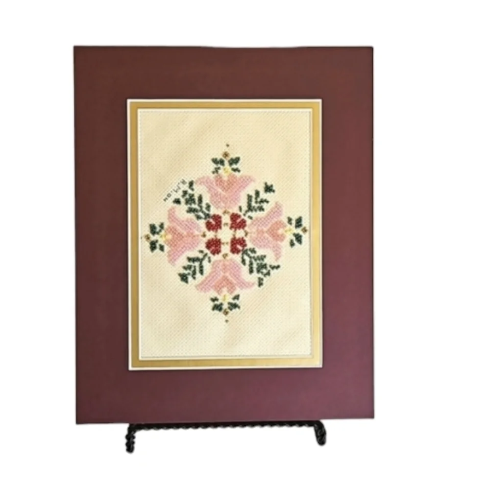 Hand Crafted Glass Beaded Art Floral Needlepoint Beadwork Pink Flower Framed